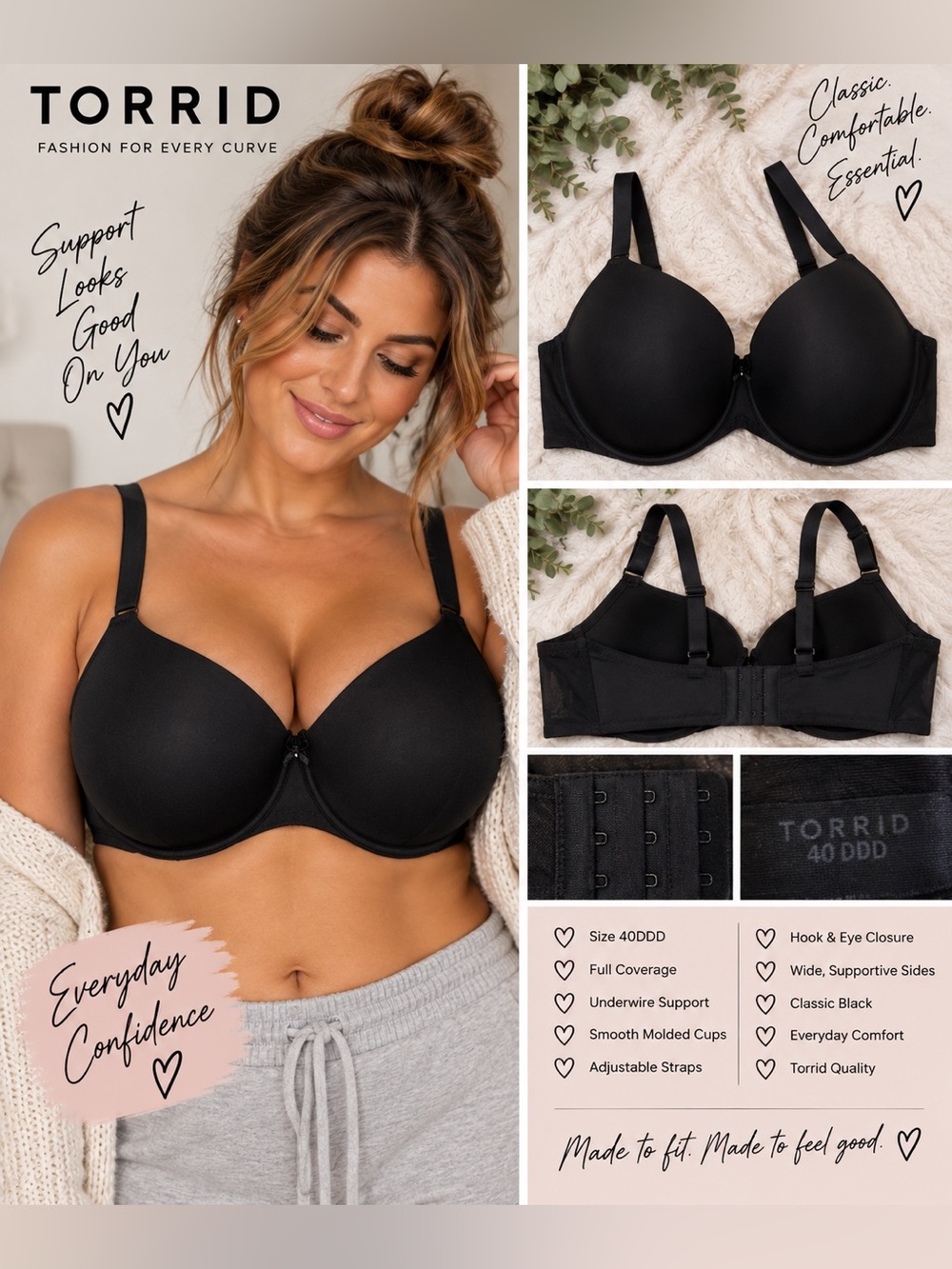 Torrid Black Full Coverage Underwire Bra Size 40DDD